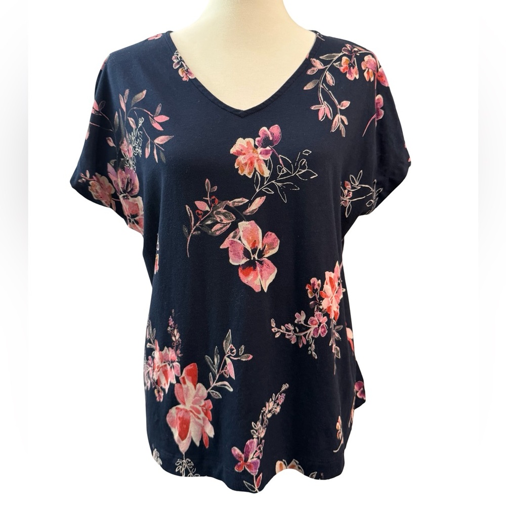 J.Jill Luxe Supima V-Neck Easy Tee Navy Pink Floral Print Size Small